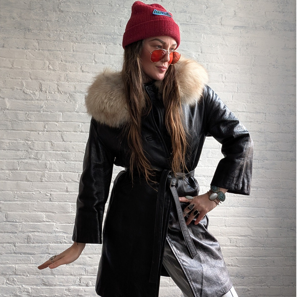 Vintage Leather Jacket Penny Lane Jacket Faux Fur Coat 70s Tapestry Trench Coat - Picture 8 of 16